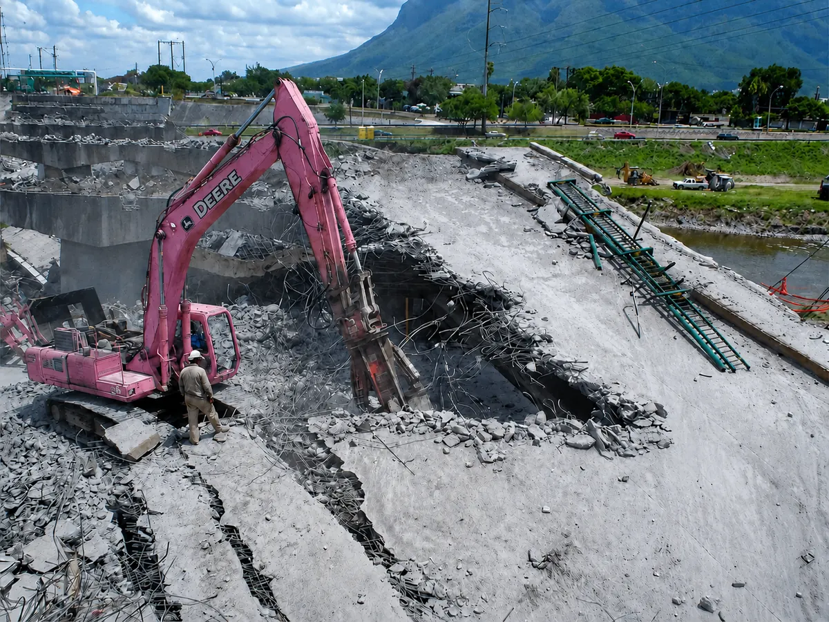 Excavadora rosa de la flota propia de CLYCSA trabajando en Monterrey
